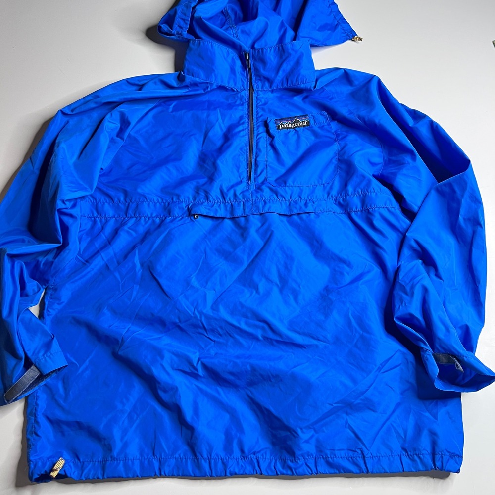 90s Patagonia Cobalt Blue Packable Anorak Windbreaker Hooded Quarter Zip Jacket